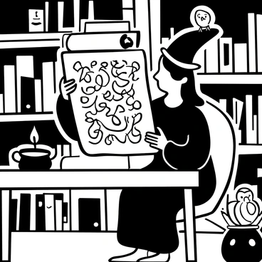 A medieval witch wearing a long robe is sitting at a wooden table in a candlelit study. She is holding an enchanted scroll with intricate designs in both hands. The study is filled with numerous books stacked haphazardly on shelves and open on the table. Flickering candle flames cast shadows on the walls and illuminate the aged parchment of the scroll. A small cauldron sits nearby, adding to the mystical ambiance of the scene. An owl perches silently on a nearby shelf, observing the witch's actions.