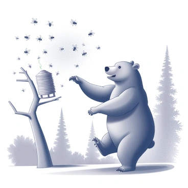 A large bear is standing on its hind legs, stretching its front paws towards a beehive perched high on a tree branch. The bear has thick fur and a determined expression on its face. Around the hive, a swarm of bees is buzzing, creating a flurry of small, circular patterns in the air. The bees appear to be defensive, hovering closely around the hive and creating a sense of movement and urgency. The setting features a forest backdrop with tall trees and scattered foliage, enhancing the scene of nature’s interaction.