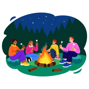 A group of five people sitting around a campfire, with bright orange flames dancing in the center. Each person is holding a skewer, with marshmallows roasting over the fire. The individuals have a variety of expressions, ranging from joy to excitement. The scene is set in a forest, with dark green trees surrounding them. The ground is covered in patchy grass and scattered logs. Soft, warm light from the fire illuminates their faces, creating a cozy atmosphere. Some people are wearing cozy sweaters, while others are in casual T-shirts. The night sky above is dotted with twinkling stars.