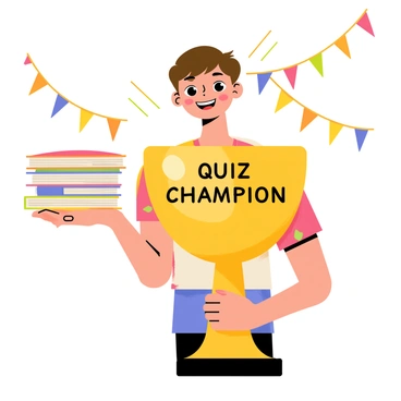 A smiling teenager stands in a bright environment, holding a shiny gold trophy prominently labeled "Quiz Champion." The teenager has short brown hair and is wearing a colorful t-shirt. The backdrop features colorful banners and streamers, emphasizing a celebratory atmosphere. In the teenager's other hand, there is a stack of quiz books, showcasing their dedication to learning.