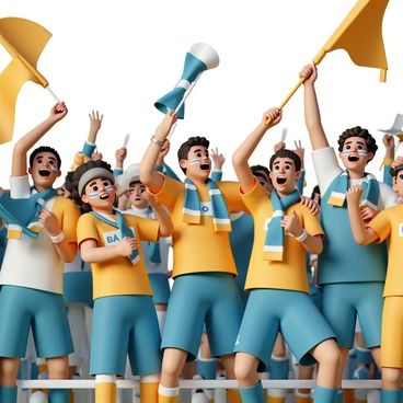 A group of enthusiastic fans wearing team colors, waving flags in a crowded stadium.