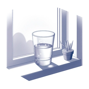 A clear glass of water with droplets on the outside, sitting on a sunny windowsill