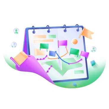 A modern pastel illustration featuring a detailed map. The map displays key project milestones clearly marked with colorful flags in various hues. Each milestone is connected by arrows in contrasting colors, indicating the flow of the project timeline. The background is filled with light pastel tones, and additional elements like small icons representing tasks or teams are scattered around the milestones, enhancing the visual narrative of the project journey.