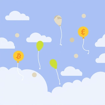 A clear blue sky filled with fluffy white clouds. Scattered throughout the sky are colorful cryptocurrency symbols designed as balloons, each one floating gently. The symbols include Bitcoin, Ethereum, and other popular cryptocurrencies, depicted in bright colors like gold, silver, and green. The balloons have thin strings attached, fluttering in the gentle breeze against the backdrop of the vibrant blue sky.