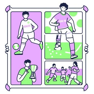 A collage featuring fan art that showcases various stages of "Ronaldo's" career. In the top left section, there is an illustration of "Ronaldo" as a young player, dribbling a soccer ball, wearing a jersey with bold lettering. Moving to the right, a depiction of "Ronaldo" celebrating a goal in a professional match captures the energy of the moment. Below this, another artwork presents "Ronaldo" during a key match, surrounded by teammates, all in action. In the bottom left corner, there is an image of "Ronaldo" receiving an award, with a trophy held high. The entire collage is framed with a decorative border that enhances the visual impact of the collection.