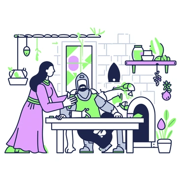 A healer with long hair is tending to a wounded knight lying on a wooden table inside a simple medieval hut. The healer is dressed in a long, flowing gown and is applying a green bandage to the knight's arm. The knight, wearing a dented helmet and a stained tunic, is grimacing in pain. Surrounding them are shelves filled with herbs in jars and dried flowers hanging from the ceiling. A small fireplace is in the corner, with a pot hanging over it. Light filters through a small window, casting shadows on the stone walls.