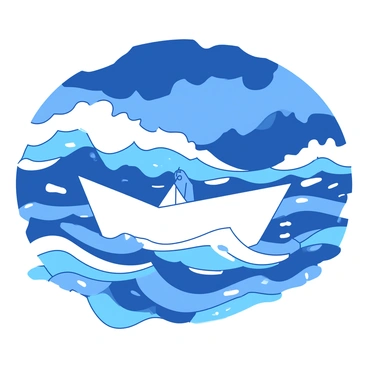 A white paper boat is gently floating on a choppy sea, waves crashing around it. Inside the boat, there is a tiny figure, a small silhouette that appears to be looking out at the tumultuous waters. The sea is a deep blue with frothy white caps, indicating the stormy weather. Dark clouds loom overhead, creating a dramatic contrast with the lighter color of the paper boat. The scene captures the struggle of the delicate paper vessel against the powerful, swirling waves.