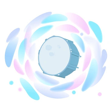 A central drum with a textured surface is placed prominently in the foreground. Surrounding the drum are concentric circles of vibrant colors, radiating outwardly. Each circle features a gradient that shifts smoothly from one color to another, creating a visual representation of rhythm and movement. The circles gradually increase in size, spreading outwards in a dynamic composition. The overall image conveys an energetic atmosphere, emphasizing the connection between the drum and the colorful waves emanating from it.