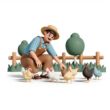 A friendly farmer, wearing a straw hat, a blue checkered shirt, and brown overalls, is feeding a group of chickens in a sunny poultry yard. The chickens, with various colors of feathers, are eagerly pecking at the feed scattered on the ground. The yard is surrounded by lush green grass, and sunlight casts gentle shadows across the scene, enhancing the vibrant colors of the environment. A wooden fence borders the yard in the background, with a few trees providing shade.