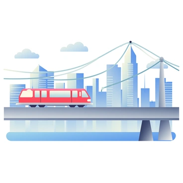 An express car crossing a suspension bridge with a city skyline in the background