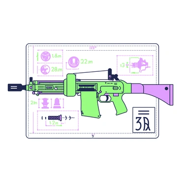 A technical drawing of a machine gun is displayed prominently on a white sheet of paper. The drawing includes multiple detailed components, such as the barrel, trigger, and loading mechanism, all clearly labeled with precise annotations. The machine gun is shown from various angles, illustrating its inner workings. Technical specifications, including measurements and material types, are neatly arranged around the main illustration. Each part of the weapon is highlighted with thin lines, demonstrating the complexity of the design and ensuring clarity in the depiction of the mechanical elements.