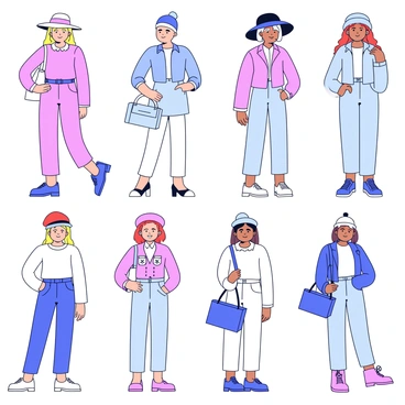 A series of body templates accessorized with hats, bags, and shoes representing different fashion trends