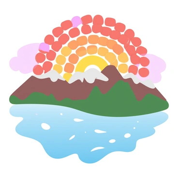 A mosaic made entirely of small, colorful dice is arranged to form a larger image of a vibrant sunset over a mountain range. The dice are in various shades of red, orange, yellow, and purple, representing the sky, while the mountains are depicted using shades of green and brown dice. The bottom of the mosaic features a reflective lake created with blue and turquoise dice, mirroring the colors of the sunset above. Each individual die is clearly visible, contributing to the overall intricate design of the mosaic.