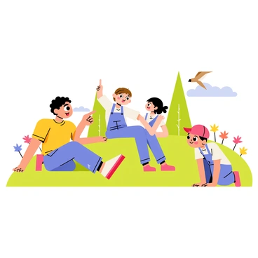 Children watching in awe as a sparrow lands near them in a park.