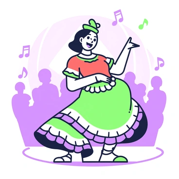 A chili pepper character with a bright red exterior is wearing a vibrant flamenco dress adorned with ruffles. The dress is colorful and flows gracefully with each movement. The chili pepper has expressive eyes and a wide smile, exuding joy as it dances energetically on a stage. The stage is illuminated with spotlights, highlighting the character's lively performance. In the background, there are decorative elements such as musical notes floating in the air and a faint outline of an audience, captivated by the dance.