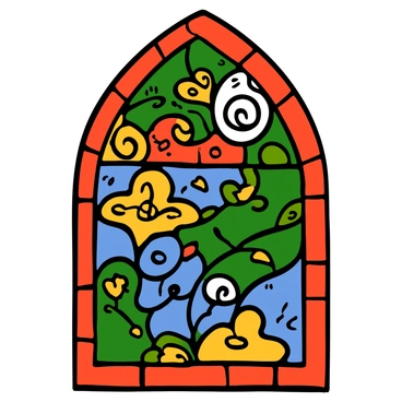 A colorful stained glass window with detailed patterns featuring swirling shapes and floral designs. The glass is arranged in a variety of hues including red, blue, green, and yellow, creating a vibrant display. Light filters through the window, casting colorful reflections on the surrounding surfaces. The intricate details include small geometric shapes and delicate vine-like motifs that enhance the artistry of the window.