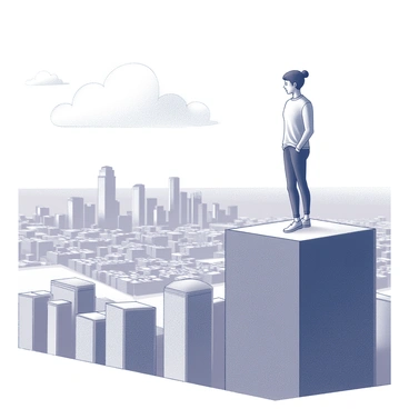A person standing at the edge of a tall skyscraper. The individual has their body slightly turned, with one foot forward, expressing a sense of nervousness. They are looking down at the sprawling city below, which features a mix of high-rise buildings and streets. The skyline is visible in the background, and a few clouds drift across the sky, enhancing the sense of height. The wind is gently billowing the person's clothing, adding to the dynamic feeling of the moment.