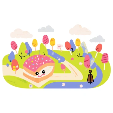 A colorful torte with layers of pink frosting and sprinkles is rolling along a winding candy path. The candy land features vibrant gumdrop trees and peppermint bushes in various colors. Lollipop flowers bloom beside the path, and a chocolate river flows in the background. The sky is filled with fluffy cotton candy clouds, creating a whimsical atmosphere. The torte has a cheerful expression, as if enjoying its adventure through this sweet landscape.
