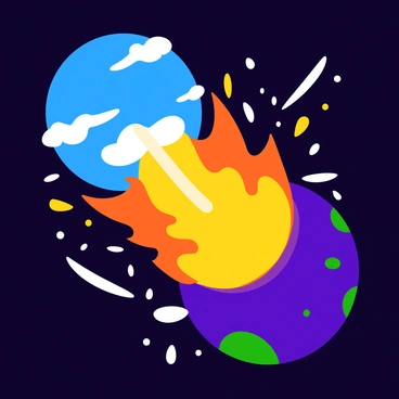 Two vibrant, imaginary planets with unique colors and textures are depicted colliding in the depths of space. One planet is a bright blue with swirling white clouds, while the other is a deep purple dotted with glowing green spots. The moment of collision creates a massive explosion, sending out fiery orange and yellow flames along with brilliant white sparks. Debris and colorful fragments scatter into the vastness of space, illuminated by the radiant light of the explosion. The background features a dark, starry sky, enhancing the intensity of the scene.