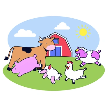A group of cartoon farm animals gathered in a sunny barnyard. A cheerful cow with a big smile stands next to a playful pig rolling in the grass. Nearby, a fluffy sheep jumps happily while a curious chicken pecks at the ground. In the background, a red barn is visible, with a bright blue sky and a shining sun above. The animals appear to be enjoying their time together, conveying a sense of joy and playfulness.