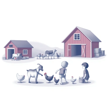 A barnyard setting with several farm animals and children interacting. In the foreground, there are two children, one crouching down to pet a friendly goat while the other stands nearby with a small basket. In the background, a group of chickens is pecking at the ground, and a cow is calmly grazing. A large red barn is positioned on one side, with hay bales stacked nearby. The scene captures the lively atmosphere of children enjoying the company of animals.