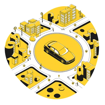 A bird's-eye view of a black BMW driving through a network of intersecting city streets. The vehicle is positioned near the center of the image, with its distinctive shape and sleek design visible. Surrounding the car are detailed street layouts, featuring various road signs, intersections, and buildings lining the streets. The cityscape includes a mix of residential and commercial structures, with some green spaces visible in between. The layout of the streets creates a complex pattern, showcasing the dynamic movement of the car within the urban environment.