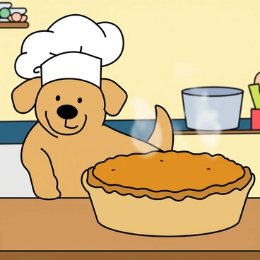 A playful dog with light brown fur and floppy ears is standing proudly beside a golden-brown pie on a wooden table. The dog is wearing a large white chef's hat that sits slightly askew on its head. The pie has a flaky crust, with steam rising gently from the surface, indicating that it is freshly baked. The table is set in a bright kitchen environment, with colorful utensils and ingredients scattered around, creating a cheerful cooking atmosphere. The dog's tail is wagging enthusiastically.