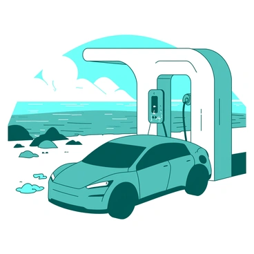 A teal sleek electric car is positioned in front of a white futuristic charging station by the coast. The charging station features smooth curves and glowing lights, indicating it's in operation. The ocean can be seen in the background, with gentle waves sparkling under the sunlight. The shoreline is dotted with smooth rocks and patches of green grass, creating a serene coastal environment. The sky is clear and blue, reflecting the car's modern design.