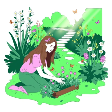A vibrant magical garden filled with various plants and herbs in rich shades of green. A young woman named Meg is kneeling on the soft, lush grass, carefully tending to a cluster of bright herbs. She has long, flowing brown hair adorned with small flowers. Sunlight filters through the leaves of the tall, colorful flowers surrounding her, casting intricate shadows on the ground. In the background, there is a whimsical stone path leading deeper into the garden, lined with blooming plants in contrast to the greenery. Meg is surrounded by a sense of life and growth, with butterflies fluttering around the vibrant blossoms.