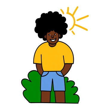 A person with a light skin tone and a large, radiant afro hairstyle is standing outdoors, basking in the warm sunlight. The sunlight creates a halo effect around the person's hair, enhancing its vibrant texture and fullness. They are wearing a bright yellow t-shirt and denim shorts, with a joyful expression on their face. The background features soft greenery, indicating a serene and sunny day.