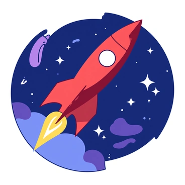 A red rocket ship is zooming through a dark blue star-studded galaxy. The rocket ship has a sleek design with bright yellow flames trailing behind it. Surrounding the ship are various stars, some shining brightly and others twinkling softly. The backdrop features deep blue and hints of purple swirling spaces, enhancing the sense of motion and adventure as the rocket navigates through the vastness of the galaxy.