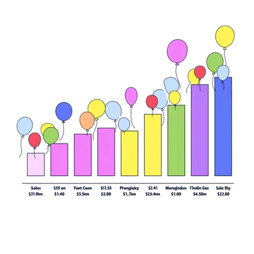 A bar chart with vertical bars each representing a different budget category. The bars are adorned with colorful balloons, where each balloon is a different color, floating above the corresponding bar. The balloons vary in shape and size, creating a lively appearance. Each bar is labeled at the bottom with the name of its budget category, and the height of each bar indicates the amount allocated to that category.