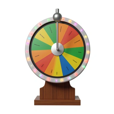 A carnival prize wheel with a colorful segmented design. Each segment is distinctly labeled with different profit amounts in bold, contrasting colors. The wheel is mounted on a sturdy wooden base, and a metallic spinner is positioned at the top, ready to be spun. The overall atmosphere is vibrant and festive, with the background featuring playful decorations and lights typical of a carnival setting.