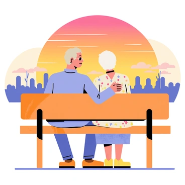 An elderly couple sitting closely together on a wooden bench. The man has gray hair and is wearing a light blue shirt, while the woman has short white hair and is dressed in a floral-patterned dress. The couple is facing a vibrant sunset with shades of orange, pink, and gold reflecting in the sky. Silhouettes of trees line the horizon, and soft clouds are illuminated by the setting sun. The scene conveys a moment of warmth and companionship, with gentle shadows cast by the couple on the ground.