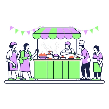 A street food stall is positioned on a bustling sidewalk. The stall has a brightly colored awning and a wooden counter filled with an array of vibrant dishes. Behind the counter, a cook is actively serving hot and spicy meals, wearing a white apron and a chef's hat. The cook is using a large ladle to serve food into bowls, with steam rising from the pots. In front of the stall, eager customers are waiting in line, some holding takeout containers. A few customers are tasting dishes and smiling, while others are engaged in conversation. Surrounding the stall, there are colorful banners and decorations that enhance the lively atmosphere.