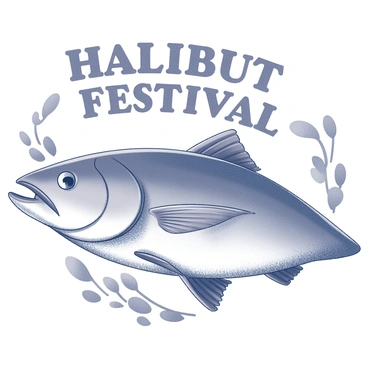 A retro-style poster featuring an illustration of a halibut fish. The fish is depicted in a stylized manner, showcasing its distinctive shape and fins. The design includes bold, clear lettering that reads "Halibut Festival" prominently at the top of the poster. Surrounding the fish, there are decorative elements such as waves or seaweed, enhancing the aquatic theme. The overall layout of the poster is balanced, with the fish as the central focal point and the text arranged harmoniously around it.