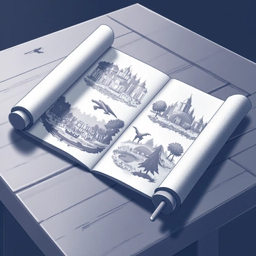 An open ancient scroll is laid on a wooden table. The scroll has intricate illustrations depicting historical events, with detailed scenes of battles and gatherings. Mythical creatures are also illustrated, showcasing a dragon soaring above a castle and a centaur standing in a lush forest. The wooden table has a rough texture, with visible grains and knots. Dim lighting casts subtle shadows on the scroll, enhancing the details of the artwork.