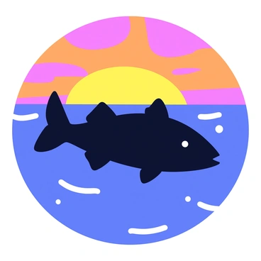 A silhouette of a walleye fish swimming just beneath the surface of the water. The background features a colorful sunset sky with vibrant hues of orange, pink, and purple blending together. The reflection of the sunset colors can be seen shimmering on the surface of the water, creating a dynamic interplay of light and color.