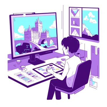 A digital artist sits at a desk, focused on creating a concept illustration of a Scottish castle. The artist is using a graphics tablet and stylus, with various sketches scattered around the workspace. The illustration on the screen depicts a majestic Scottish castle with tall stone towers and a drawbridge. The sky in the background is filled with fluffy clouds, creating a dramatic atmosphere. The artist has a cup of tea on the desk, and there are several color swatches displayed, reflecting their creative process. The room is filled with art supplies and inspirational images of castles and landscapes.