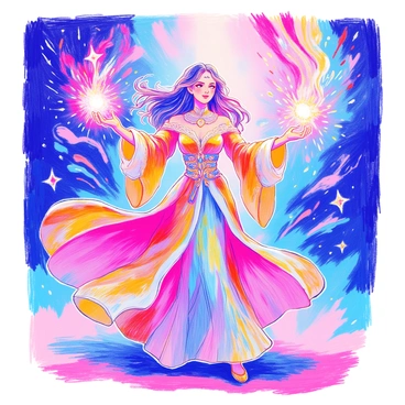 A powerful sorceress is standing in a dynamic pose, with her arms raised and hands extended. She has long, flowing hair that billows around her, and she is wearing an elaborate, shimmering gown adorned with intricate patterns. Colorful sparks of magic are flying from her fingertips, illuminating the air with vibrant hues of red, blue, and green. The background features swirling mist and ethereal elements that enhance the magical atmosphere surrounding her.