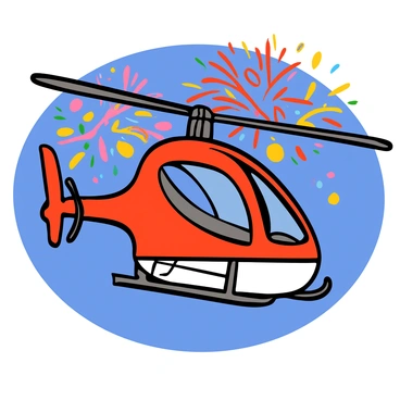 An RC helicopter with a sleek design and spinning blades is hovering in mid-air. The helicopter is painted in vibrant red and white colors, showcasing its detailed structure. In the background, colorful fireworks are bursting in various shapes and hues, lighting up the night sky with bright reds, blues, and yellows. The scene captures the excitement and energy of both the flying helicopter and the dazzling fireworks display.