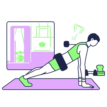 A gym-goer is performing glute bridges on an exercise mat. They have weights secured on their hips to add resistance. The individual is focused and maintains a strong posture, with their back resting on the mat and feet planted firmly on the ground. A large mirror is positioned in front, reflecting their form. The gym is equipped with various fitness equipment, including dumbbells and resistance bands in the background. The atmosphere conveys a sense of determination and effort in the workout.