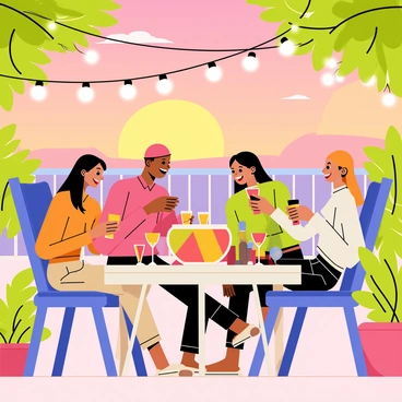 A patio scene during sunset, featuring four friends sitting on comfortable, colorful chairs. The sky is painted with hues of orange, pink, and purple as the sun sinks below the horizon. A round table is in the center, adorned with a large bowl of punch, surrounded by glasses filled with vibrant drinks. The friends are laughing and toasting, with one person pouring punch into a glass. Lush green plants and soft fairy lights are hanging around the patio, creating a warm and inviting atmosphere.