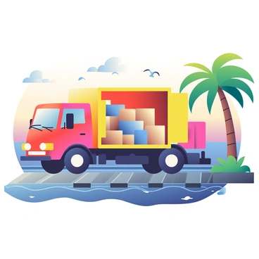 A large cargo truck with bright lights is parked at a tropical island dock. The truck's vivid colors stand out against the evening sky, which is transitioning from orange to deep purple as dusk settles in. The dock is made of weathered wooden planks, and there are palm trees swaying gently in the warm breeze nearby. In the background, the calm ocean reflects the colors of the sunset, and small waves lap against the shore. The truck's back doors are open, revealing stacks of cargo boxes neatly organized inside. A few seagulls are flying overhead, adding to the coastal atmosphere.