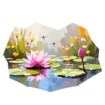 A peaceful pond filled with lily pads and blooming lotus flowers.