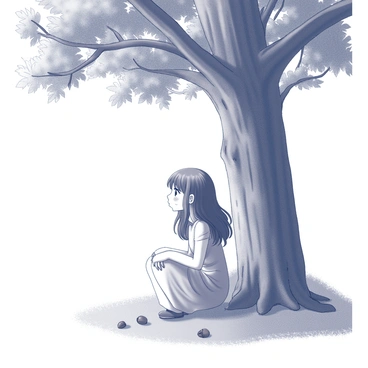 A girl sitting on the grass beneath a large oak tree. She has long hair that cascades down her shoulders, and her expression shows a mixture of sadness and deep thought. Tears glisten in her eyes, reflecting the soft light filtering through the leaves overhead. Around her, the ground is scattered with acorns and fallen leaves. The trunk of the oak tree is broad and gnarled, with visible texture and age. The girl wears a light dress that flows gently in the breeze, and her hands rest on her knees as she gazes dreamily into the distance.