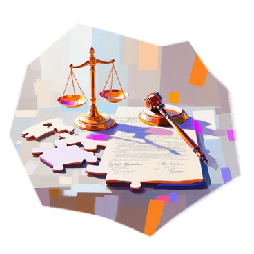 A jigsaw puzzle spread out on a wooden table, with several pieces scattered around. Some of the pieces depict a balanced scale, symbolizing justice, while others illustrate sections of a constitution document covered with text and signatures. In the center of the puzzle, there are pieces fitting together to form a cohesive image of the balanced scale alongside the constitution document. The colors and details on the puzzle pieces are vibrant, showcasing the complexity of the design.