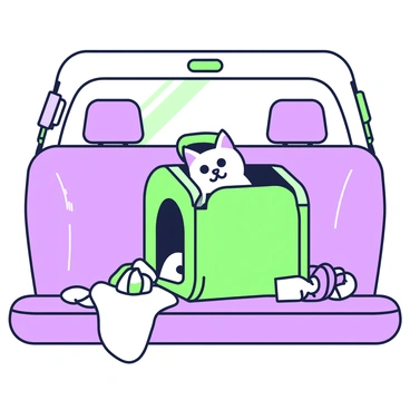A cat is peeking out from a cozy pet carrier in the backseat of a car. The carrier has a zipper opening, and the cat's head is visible, with its ears perked up and eyes wide open, displaying curiosity. The interior of the car features soft fabric seats, and there are small toys scattered around the carrier. Sunlight filters in through the car window, casting soft shadows on the seats. A small blanket is draped over part of the carrier, enhancing the cozy appearance.