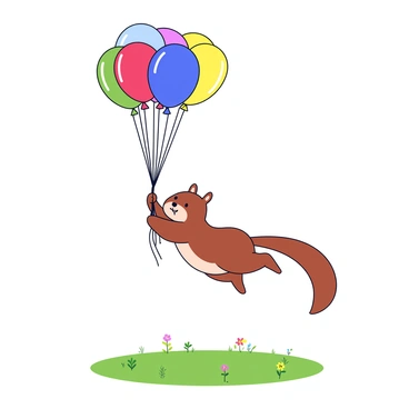 A chipmunk with a brownish fur coat is floating in the air, holding a long string attached to a bouquet of colorful balloons. The balloons are bright and varied in color, including red, blue, yellow, and green. The chipmunk has a joyful expression on its face, with its paws gripping the string tightly. Below the chipmunk, there is a gentle landscape of green grass and small wildflowers, creating a cheerful setting.