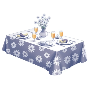 A dining table covered with a tablecloth featuring a "daisy" pattern. The table is set for brunch, displaying multiple plates, each adorned with fresh fruit and pastries. There are two glasses of orange juice positioned beside each plate. A small vase containing a bouquet of "daisies" sits at the center of the table, surrounded by a few additional decorative items, like a set of neatly folded napkins and silverware. A soft light illuminates the setting, highlighting the cheerful arrangement and inviting atmosphere.